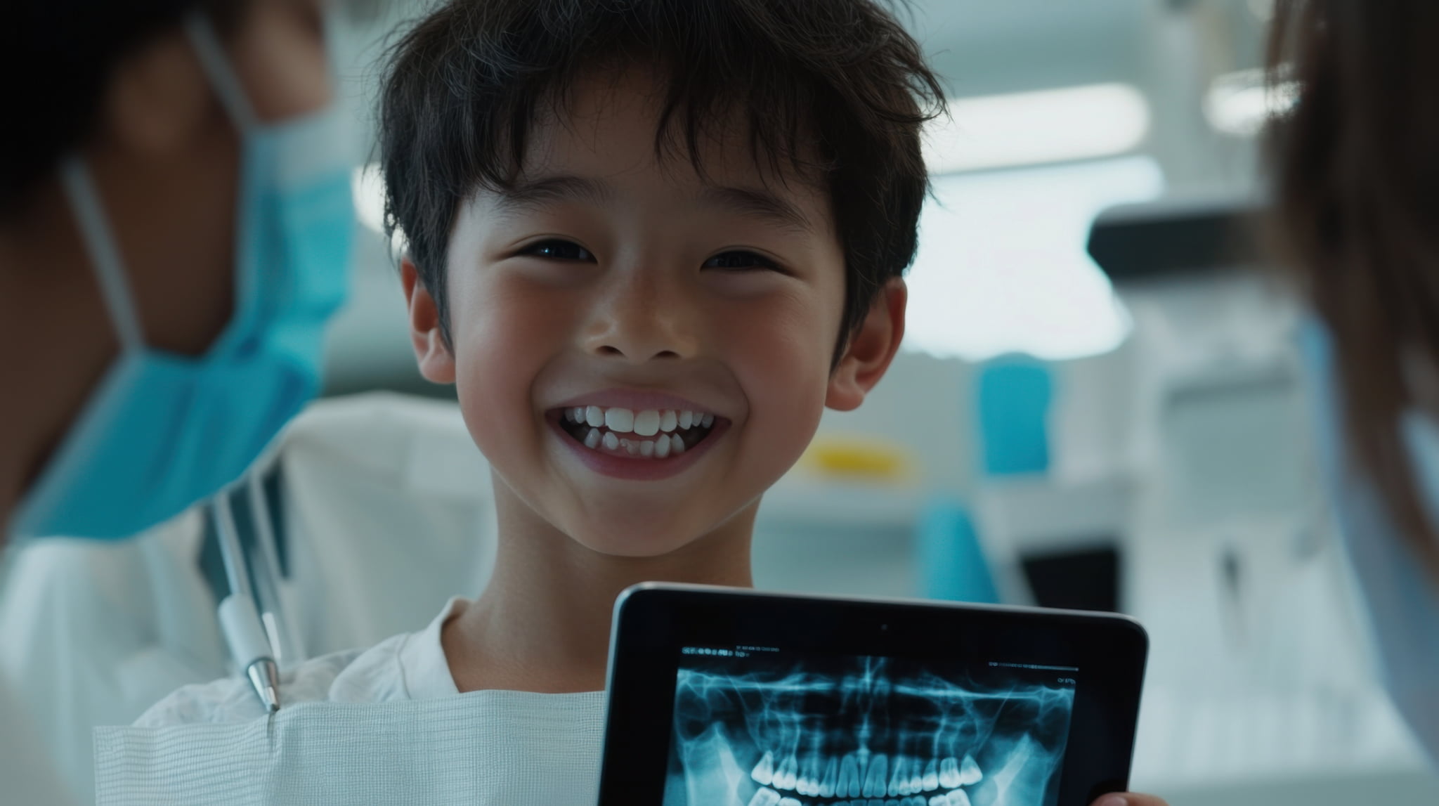 マイオブレース治療のために子どものレントゲンを確認する歯科医