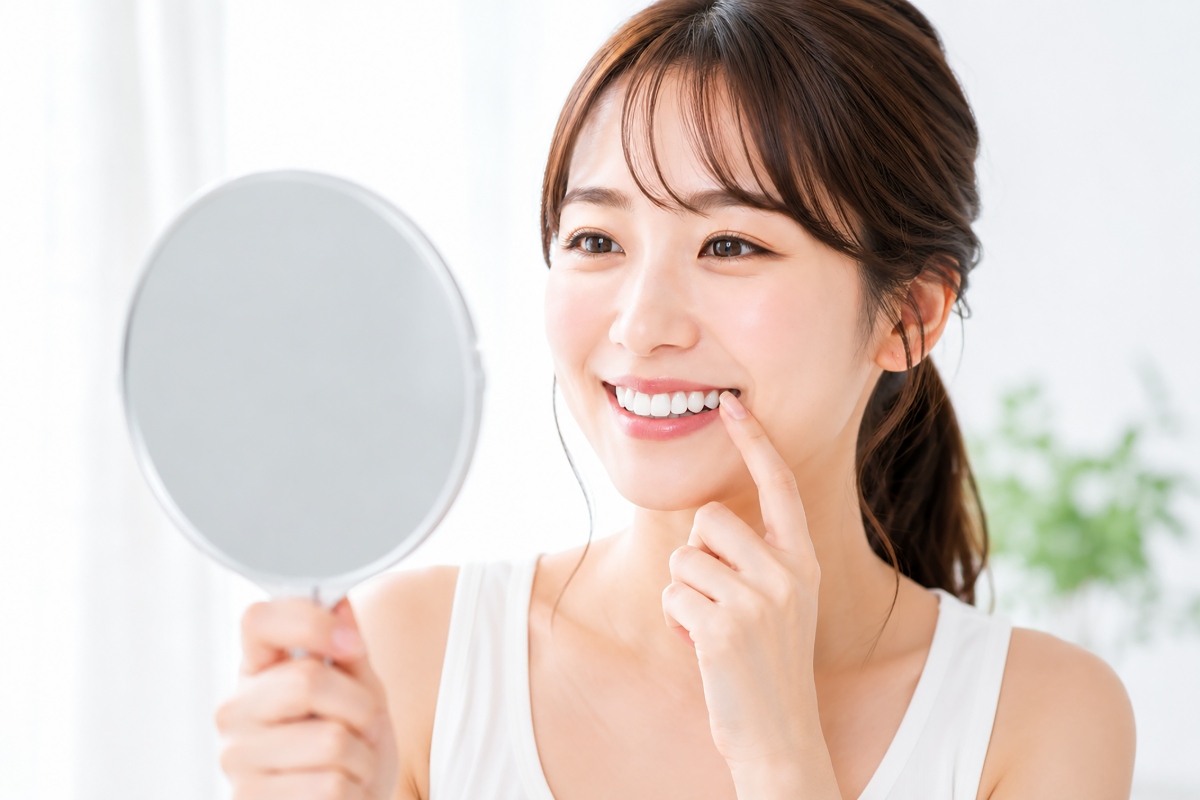 審美歯科で綺麗になった前歯の女性