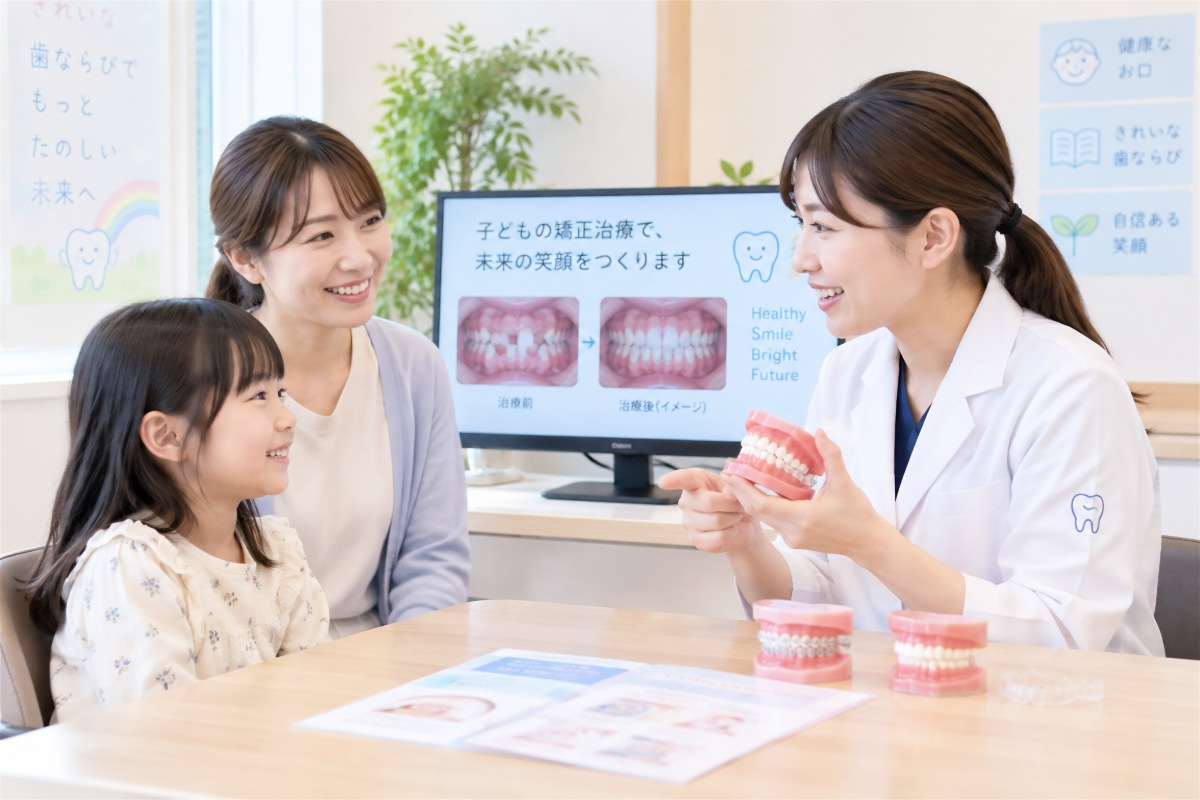 ディスプレイと歯の模型を使って矯正について親子に説明している歯科医